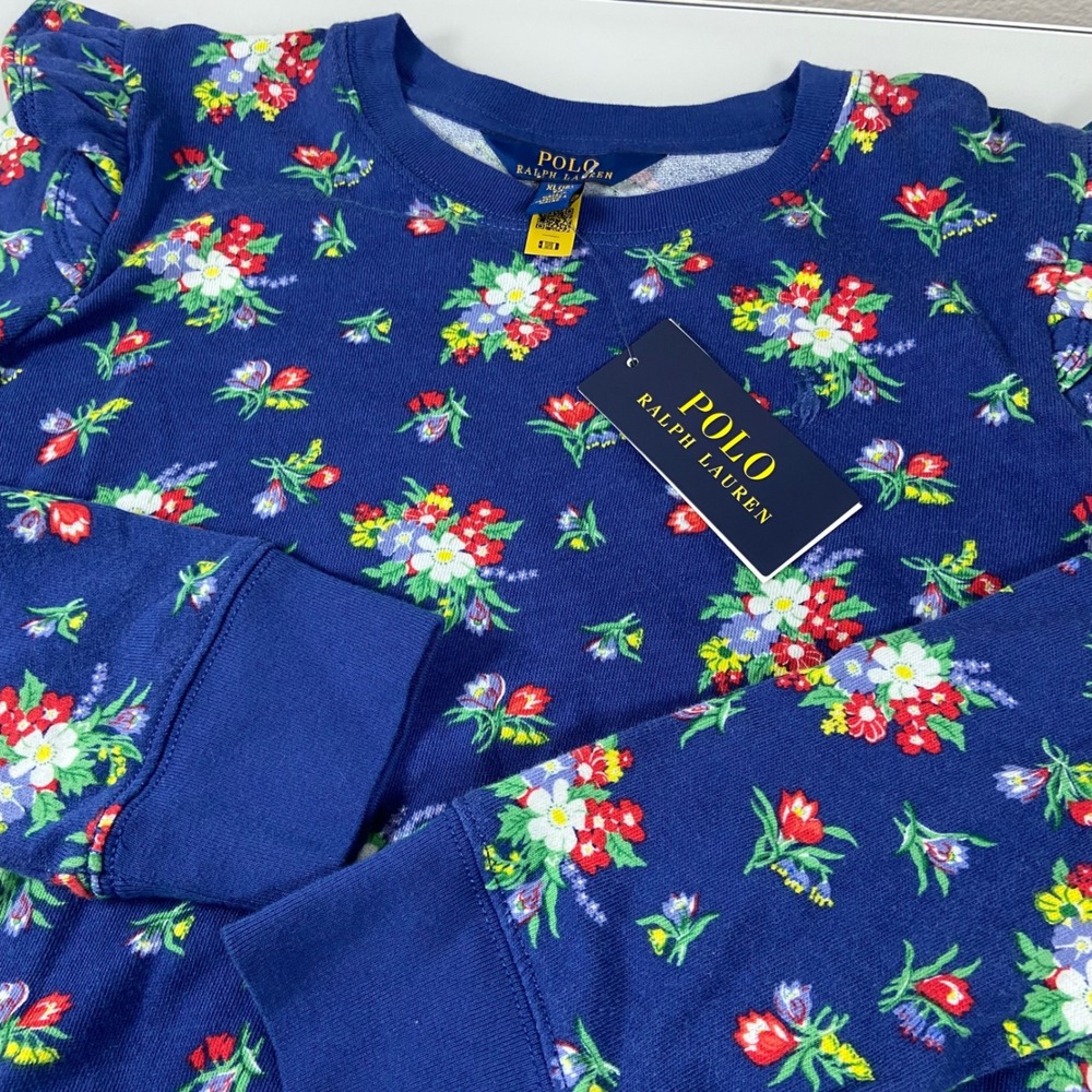 Polo Ralph Lauren Girls Blue Floral Ruffle Shoulder Sweatshirt XL(16) NWT